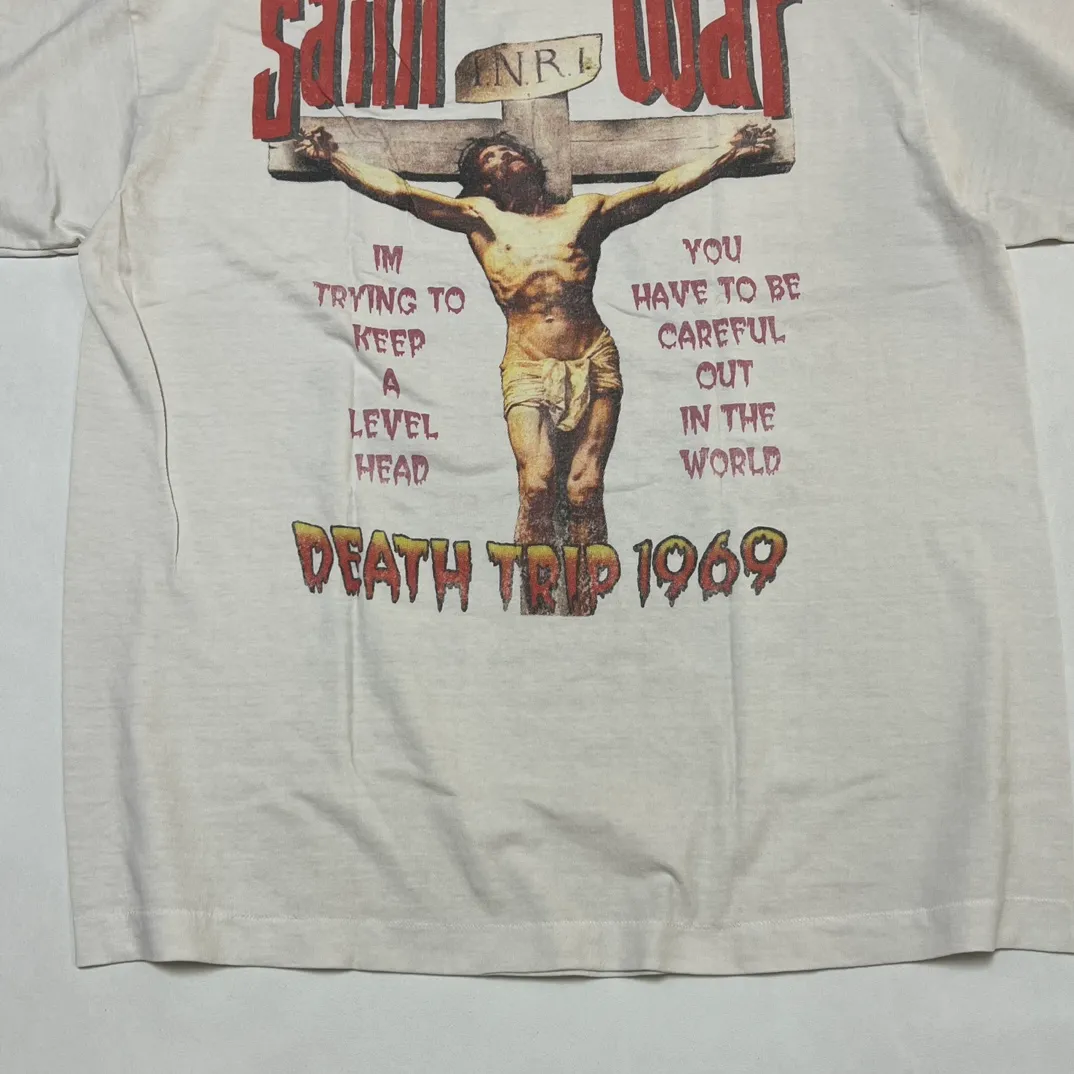 SAINT MICHAEL SAINT WAR TEE/WHAT new style Jesus cross retro short-sleeved, off-white S-XL, ready-to-wear, washed and distressed, printed repeatedly and modified, tube-woven seamless fabric, with little angel anti-counterfeiting label
